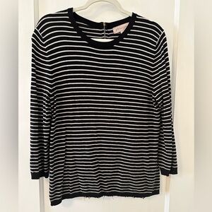PHILOSOPHY Womens Crew Neck Sweater Black White Striped L. Back gold zipper. #2